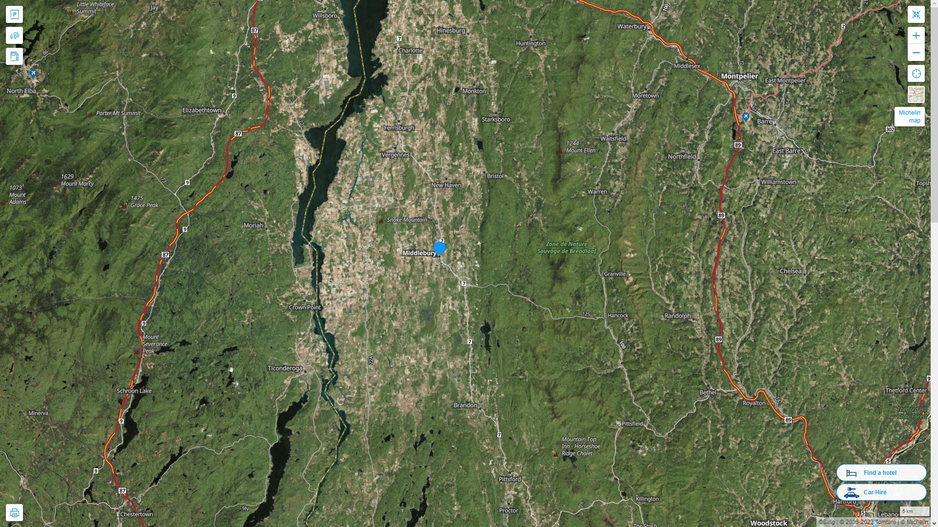 Middlebury Vermont Highway and Road Map with Satellite View